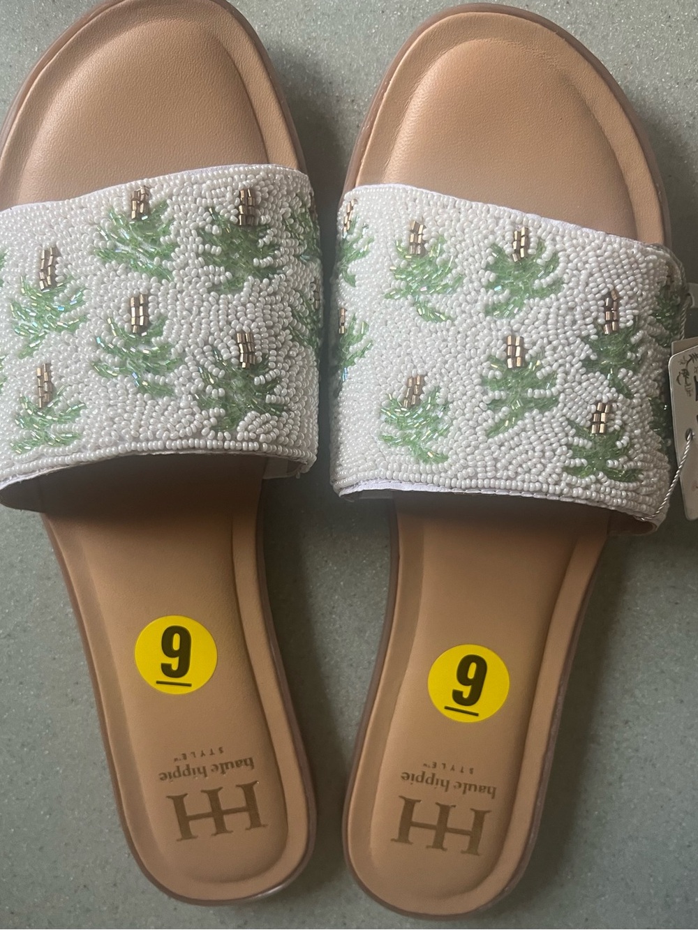 Haute Hippie White Beaded Slide Sandals with Green Accents palm tree adorable 9